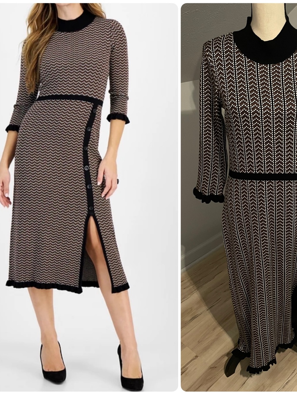 Sandra Darren Geo Print Mock Neck Midi Sweater Dress Size Large Black Taupe